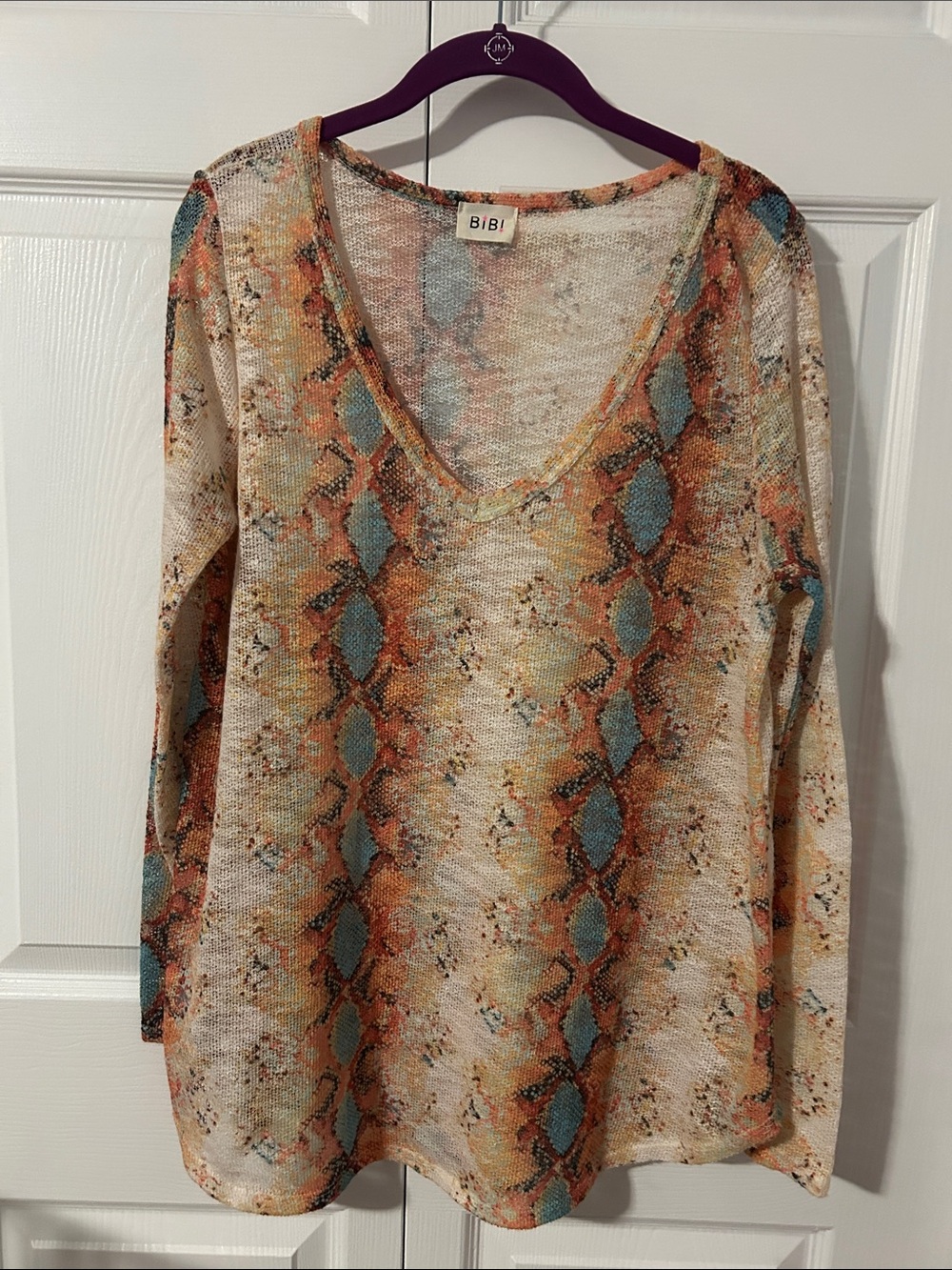 BIBI Women's V-Neck Snake Print Lightweight Sweater- Teal & Orange
